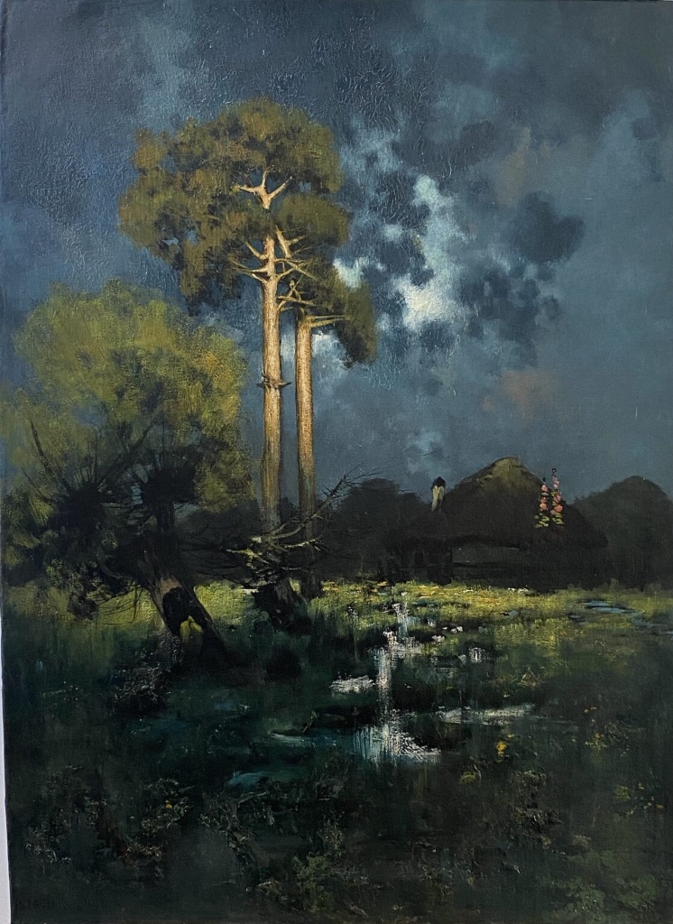 Night landscape with pines and a cottage