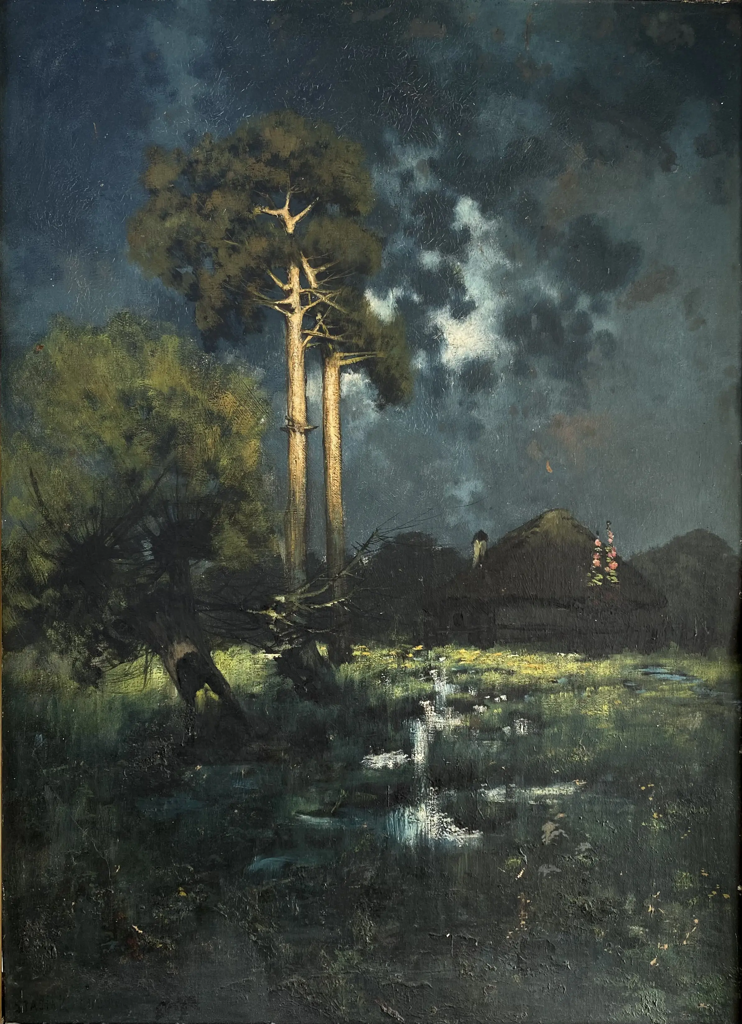 Night landscape with pines and a cottage - detal 1