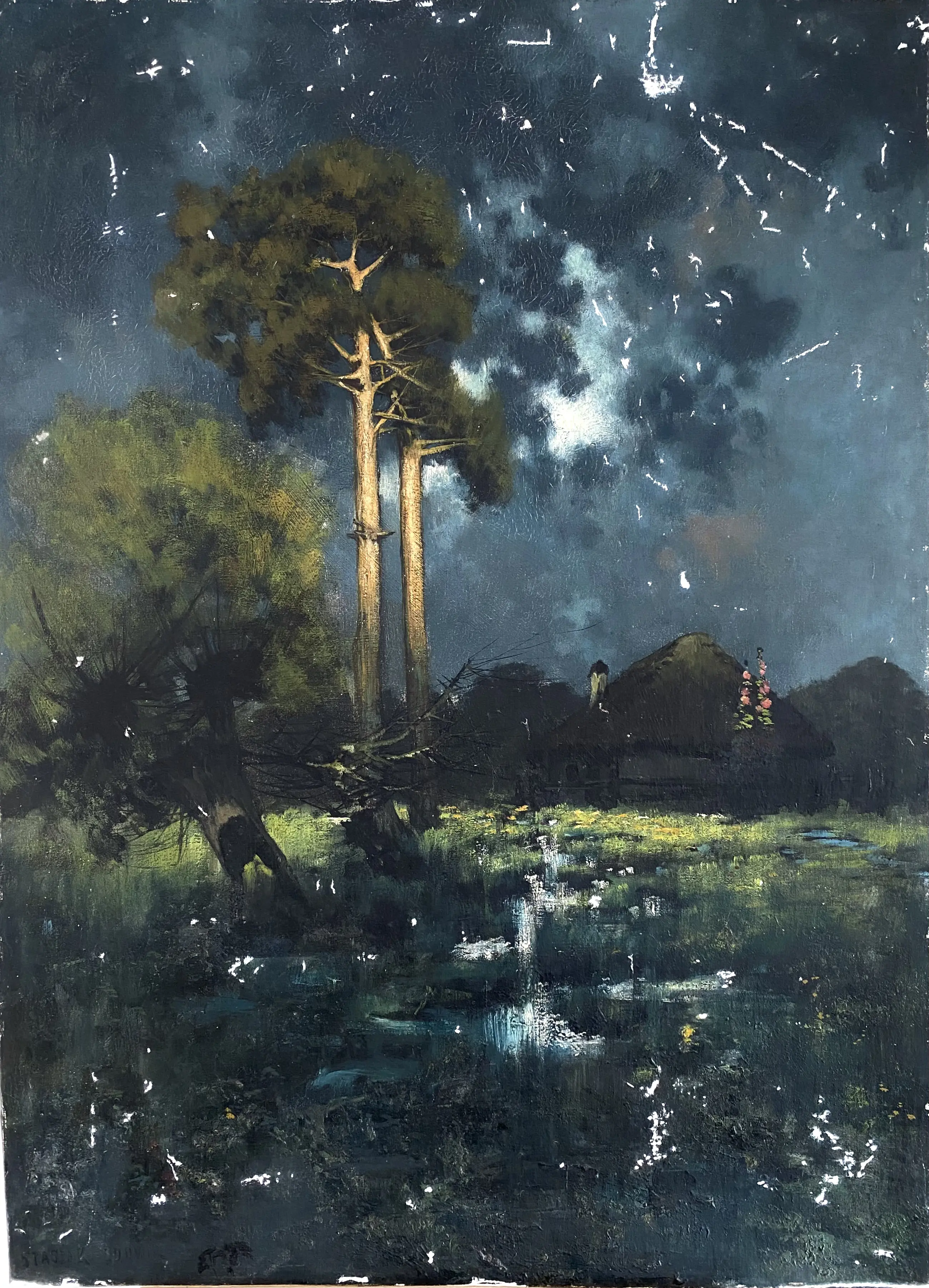 Night landscape with pines and a cottage - detal 2